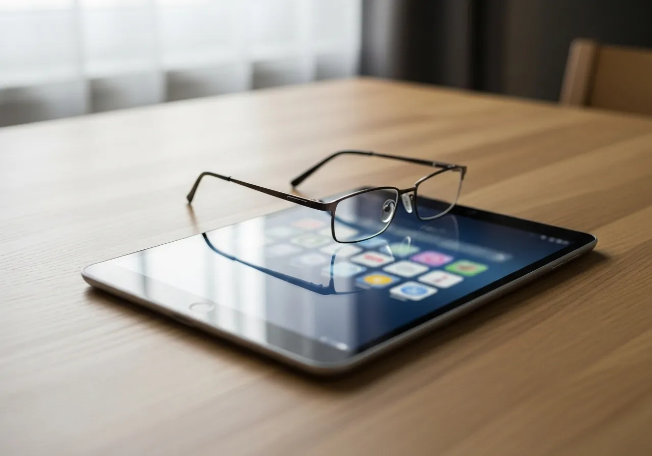 A tablet with a blurred screen and reading glasses sit on a wooden table, lit by soft, natural window light.
