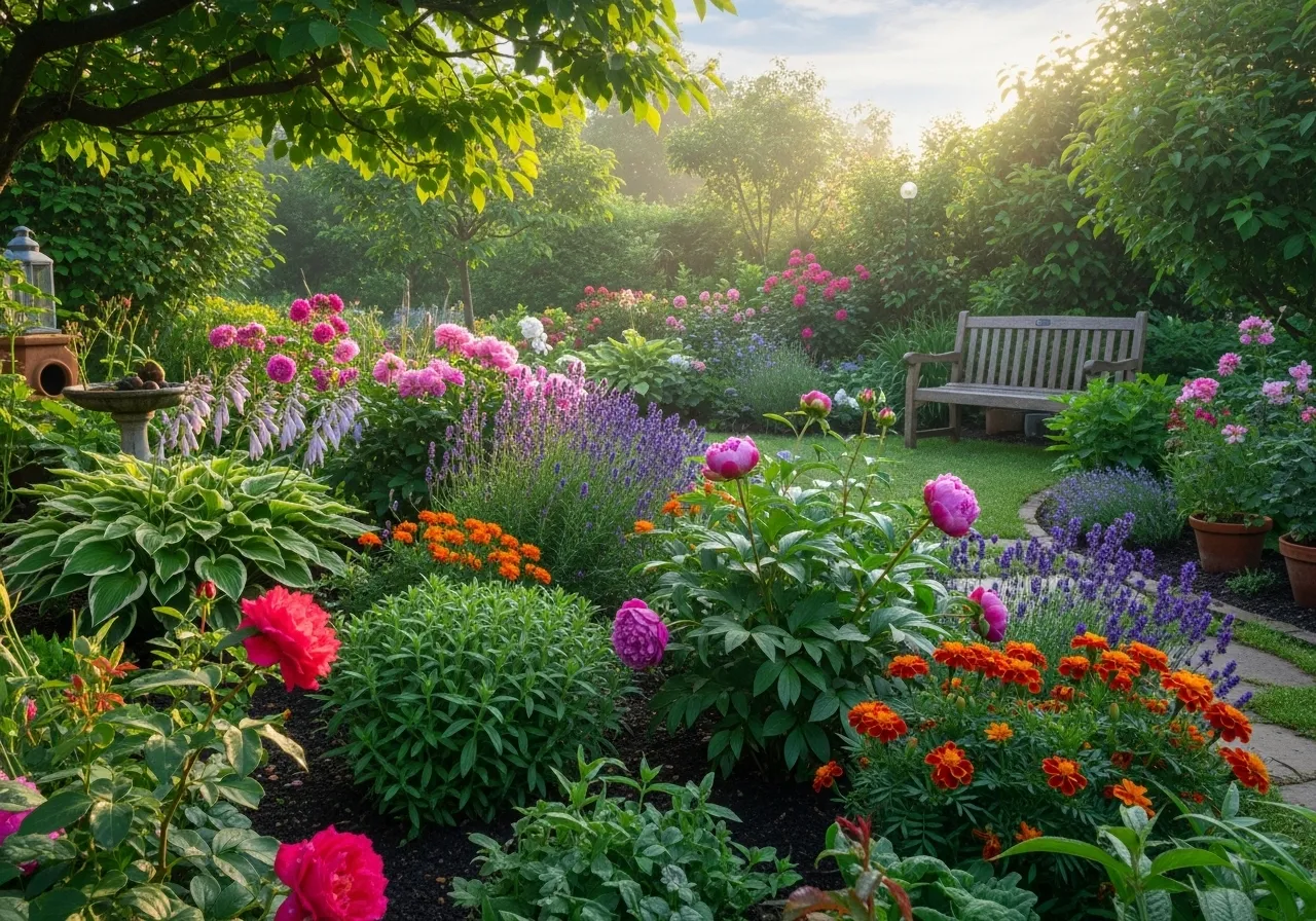 A peaceful home garden with a wooden bench, representing the stability and comfort of aging in place.