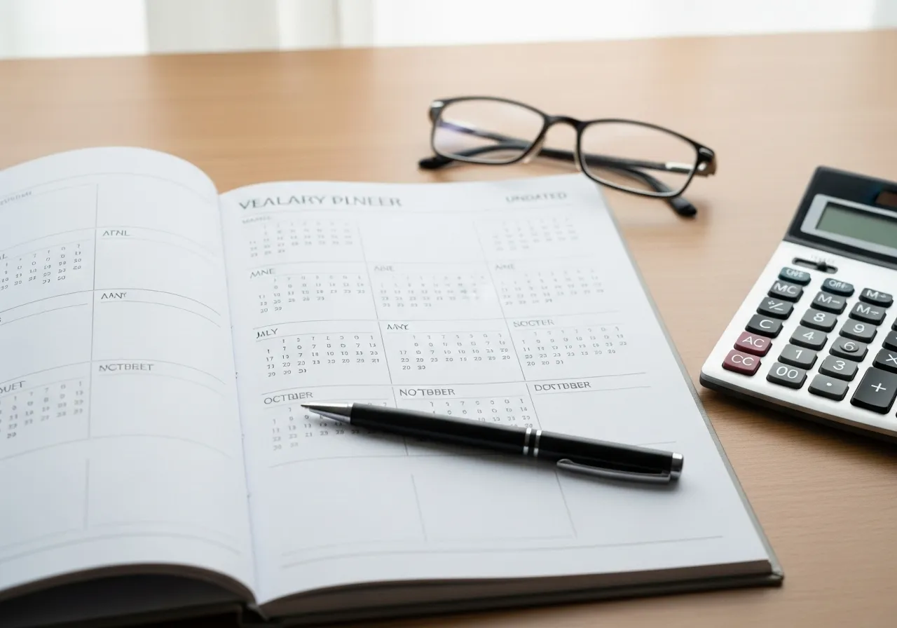 Desk with a blank planner, reading glasses, and a calculator, suggesting retirement budget planning.