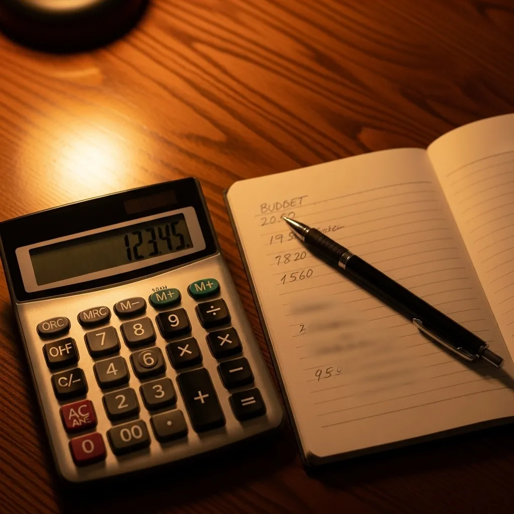 A calculator and notepad sit on a wooden table, illuminated by warm lamplight in a quiet evening setting.