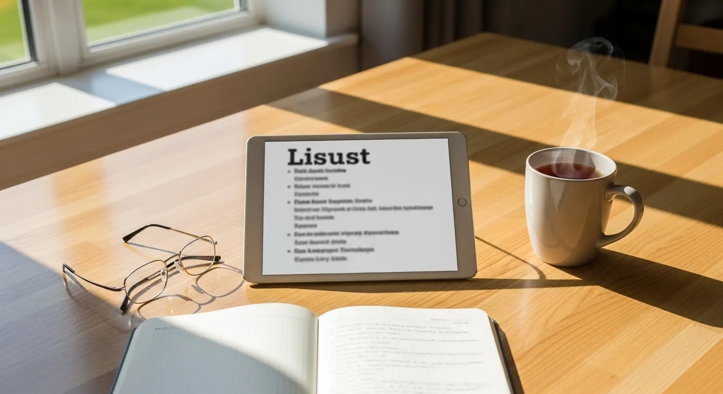 A tablet displaying a blurred financial statement next to reading glasses and a notepad on a sunlit table, illustrating the process of reviewing month