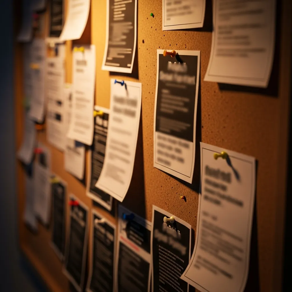 A close-up of a community bulletin board with blurred, unreadable flyers pinned to it, illuminated by a warm, soft lamp.