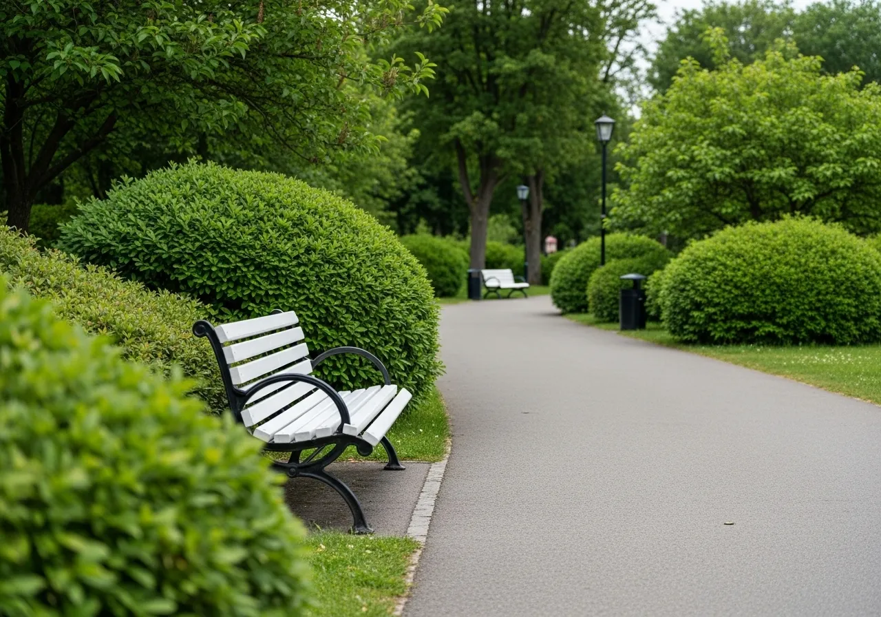 An empty park bench on a paved path in a quiet, landscaped community park, suggesting a peaceful place for seniors to rest.