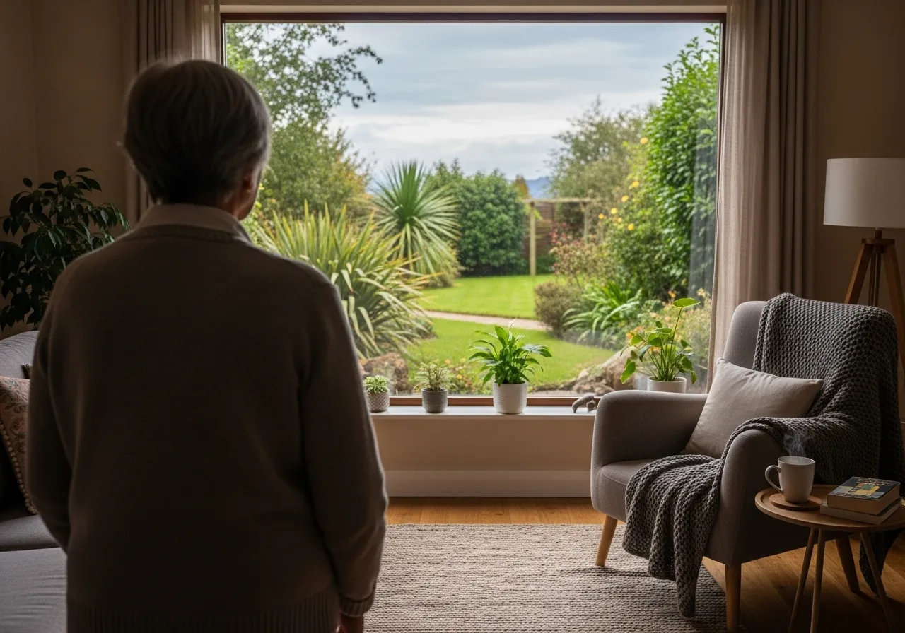 A person seen from behind looks out a large window onto a calm garden, conveying a sense of peaceful reflection.