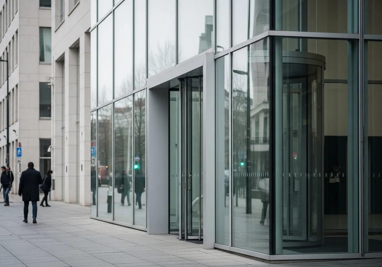 The glass entrance of a modern office building on a cloudy day, with blurred pedestrians in the distance.
