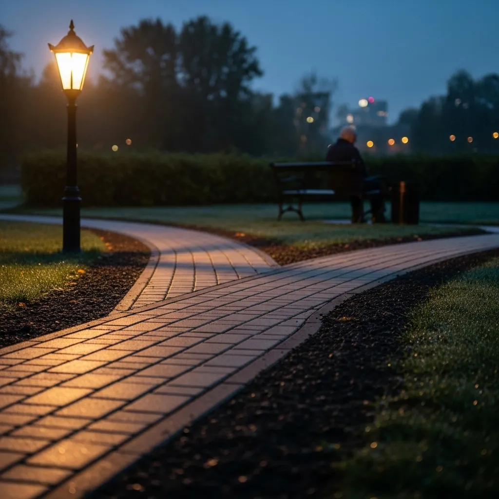 Two paved paths diverge in a park under the warm glow of an evening lamp, suggesting a choice or a decision to be made.