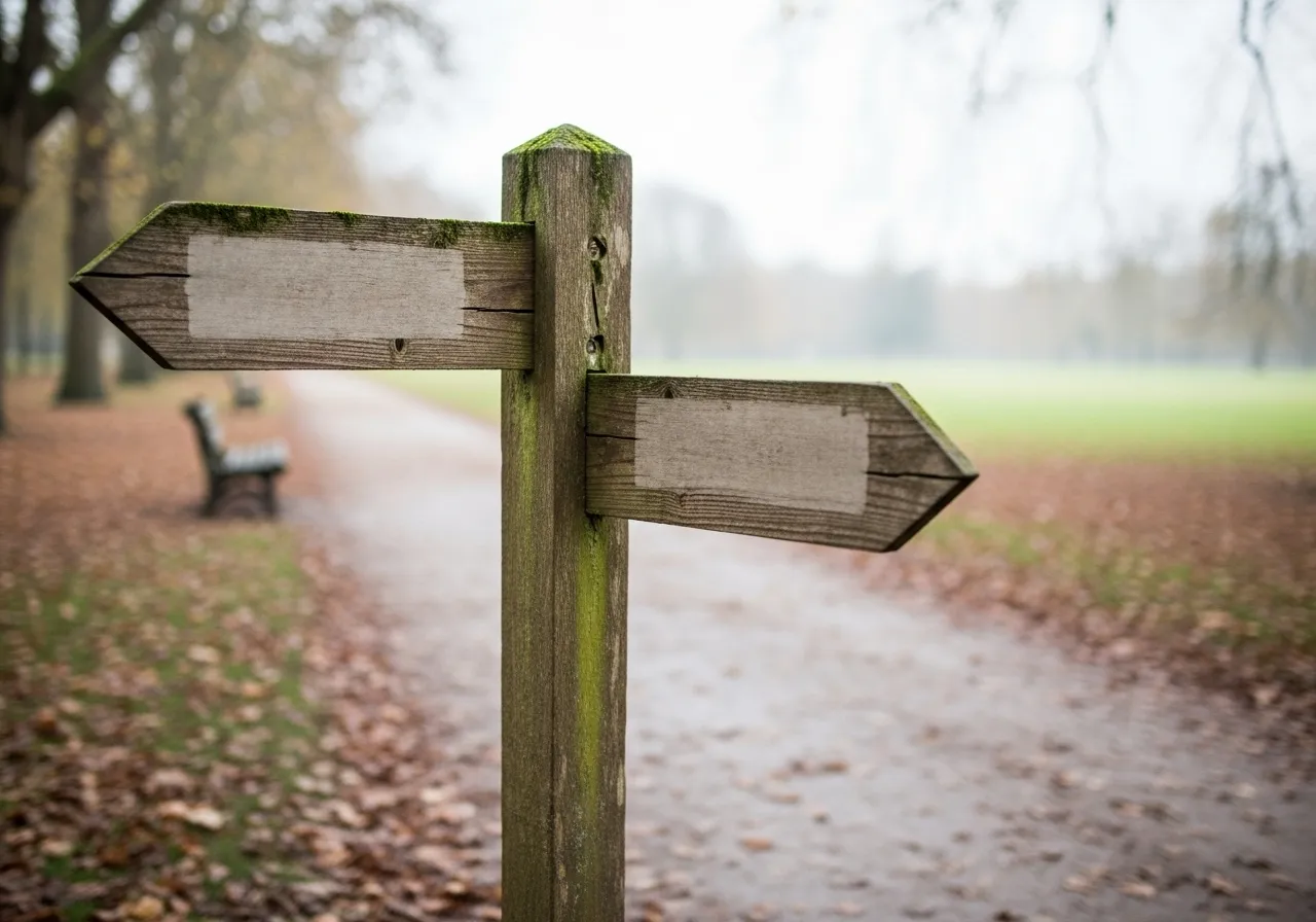 A wooden signpost with blank arrows pointing in different directions stands at a fork in a path on an overcast day.