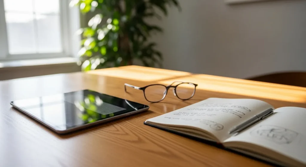 A sunlit home desk with a tablet showing a blurred large-font screen, reading glasses, and a notebook, set up for digital estate planning.