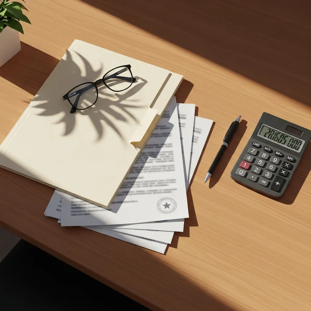 A tidy desk with a file folder, blurred documents, reading glasses, and a calculator in warm morning sunlight.