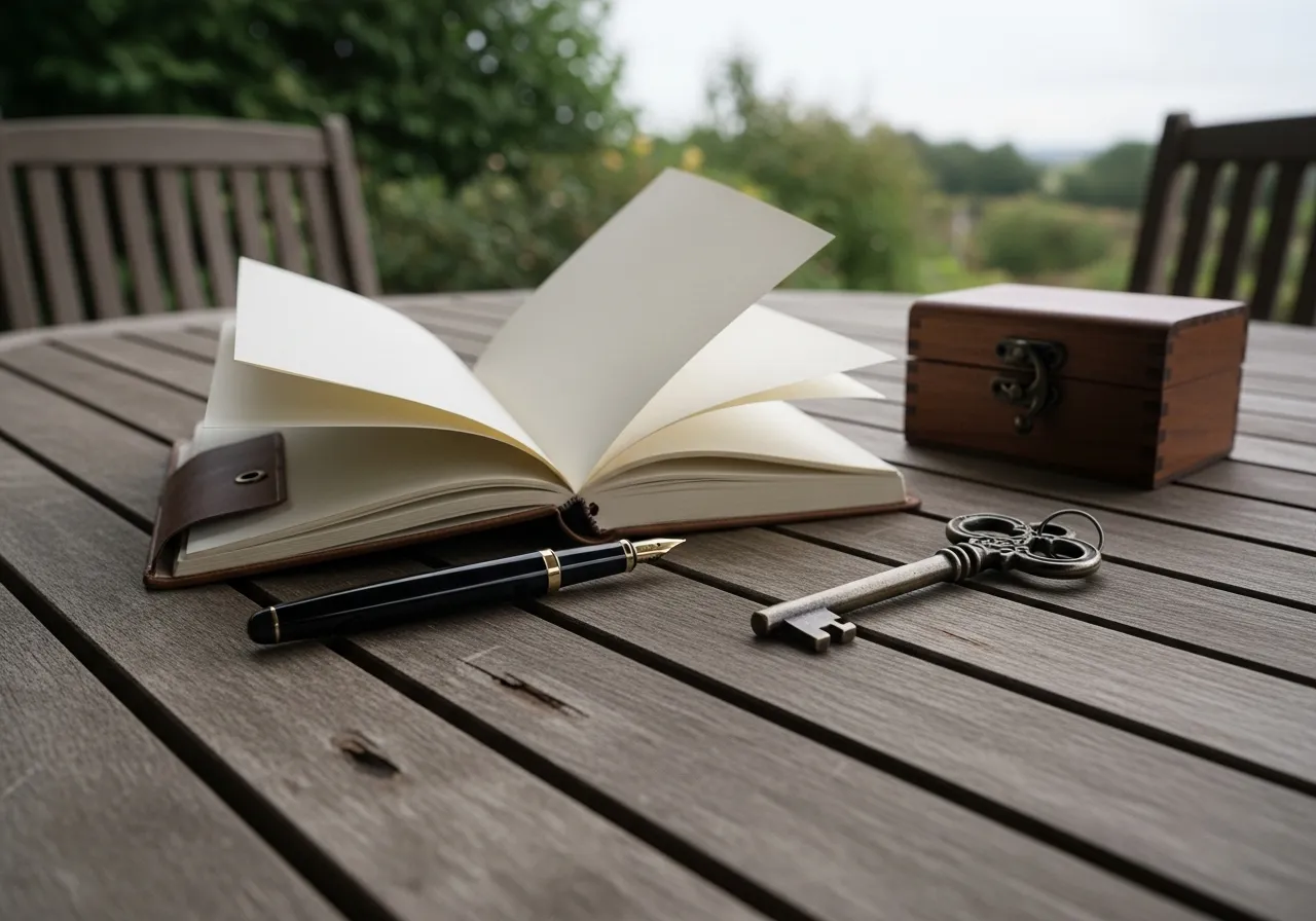 An open notebook and pen on an outdoor table with a house key and a small box, representing the process of cataloging assets for estate planning.