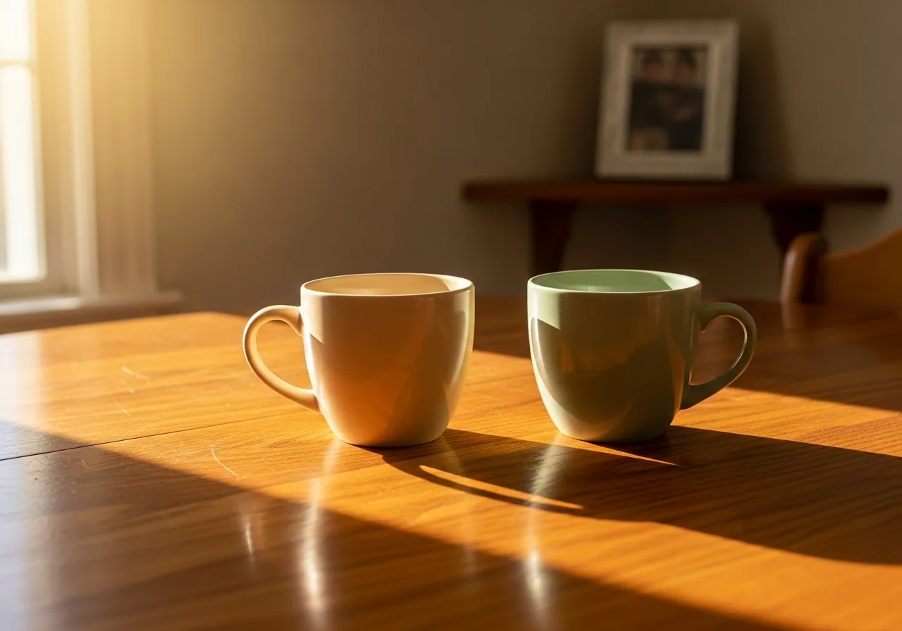 Two coffee mugs on a sunlit wooden table with a blurred family photo in the background, implying a family conversation.