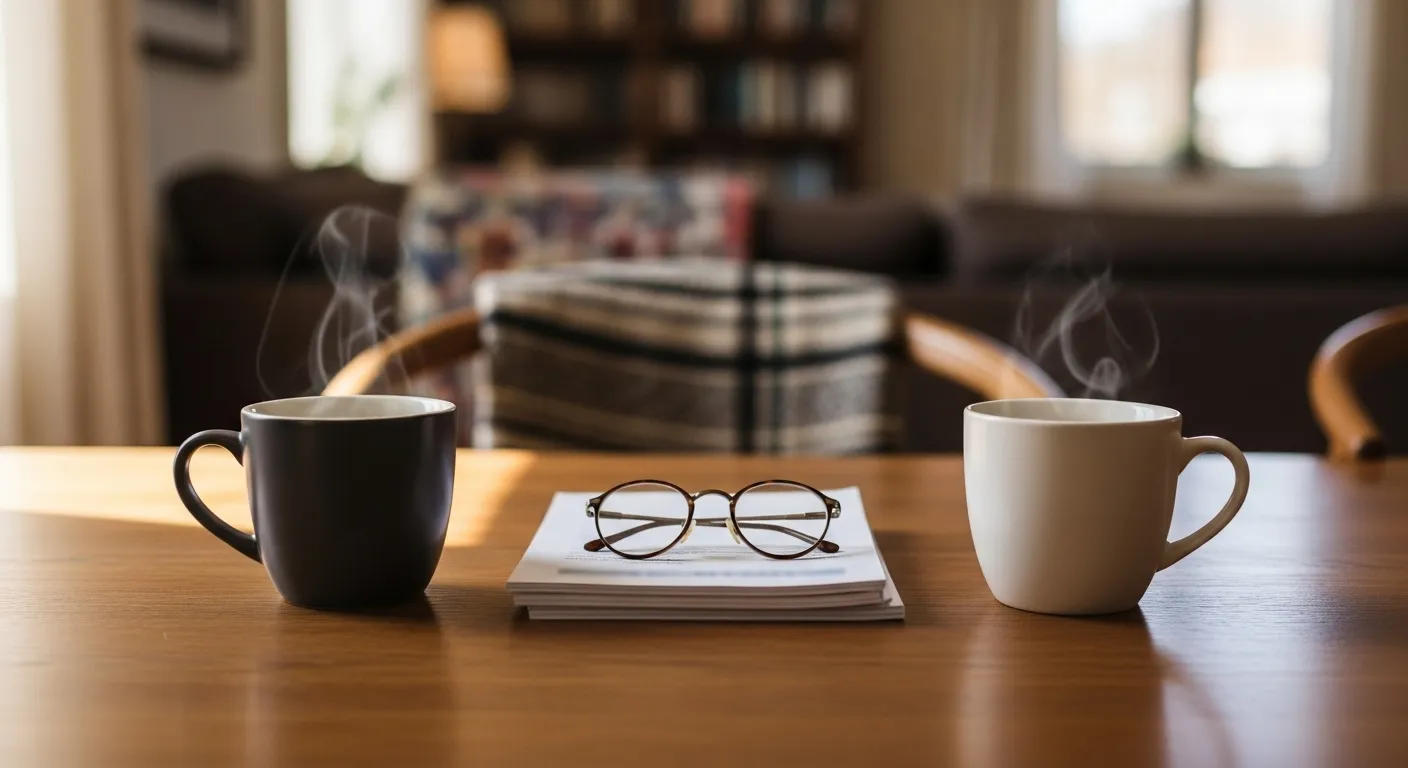 Two coffee mugs and blurred papers with reading glasses on a sunlit table, implying a serious financial conversation between two people at home.