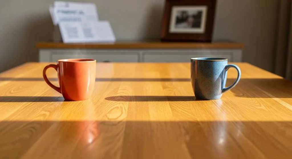 Two coffee mugs are placed far apart on a sunlit wooden table, with blurred paperwork and a photo frame in the background.