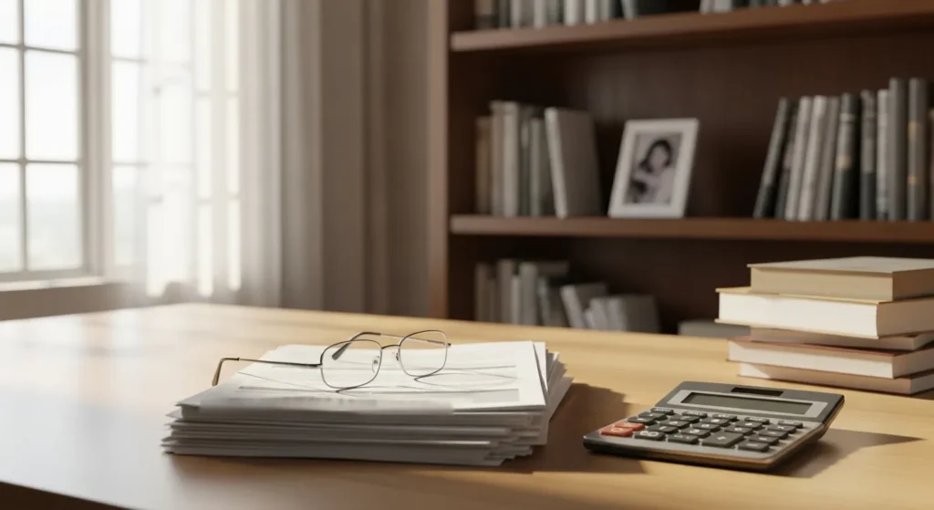 A sunlit desk with a calculator and blurred papers, symbolizing a senior planning their family's finances.