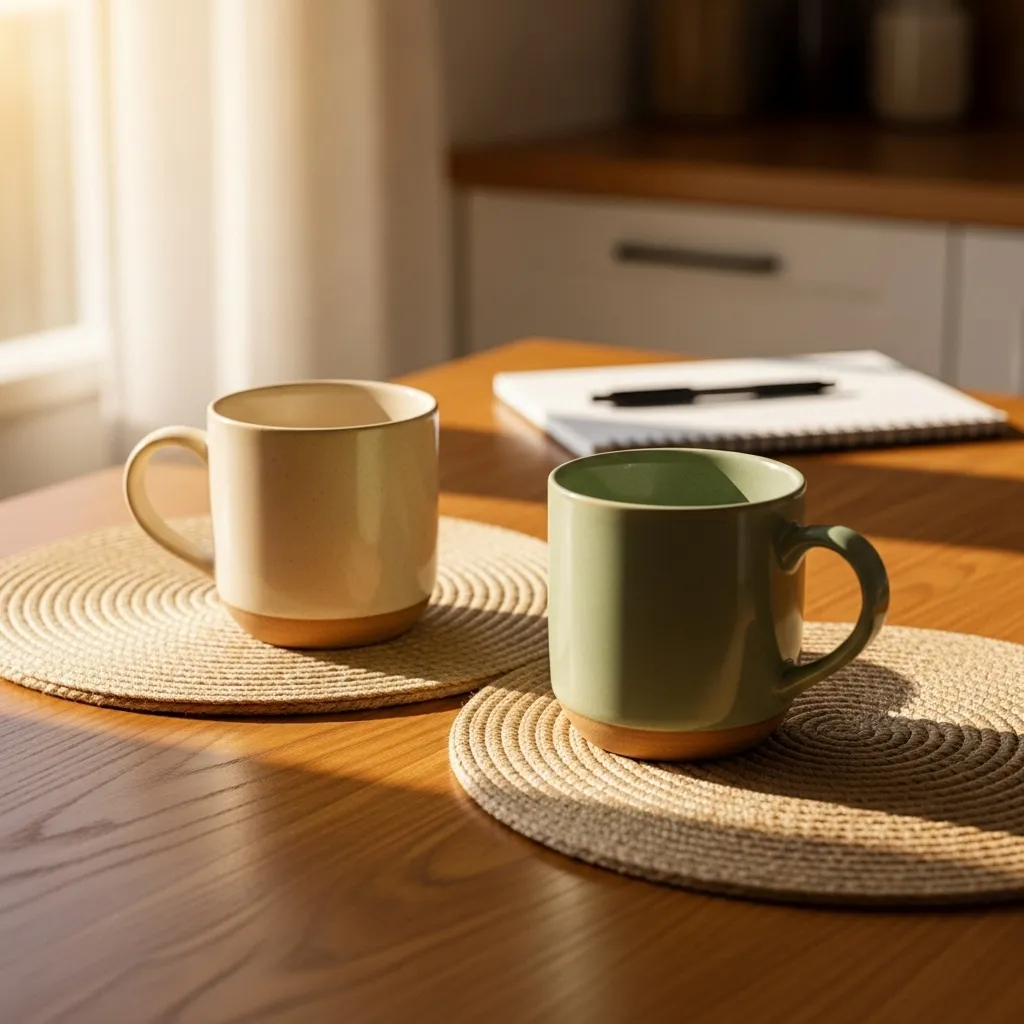 Two coffee mugs on a sunlit wooden table with a blurred notepad in the background, symbolizing a couple's shared financial planning.