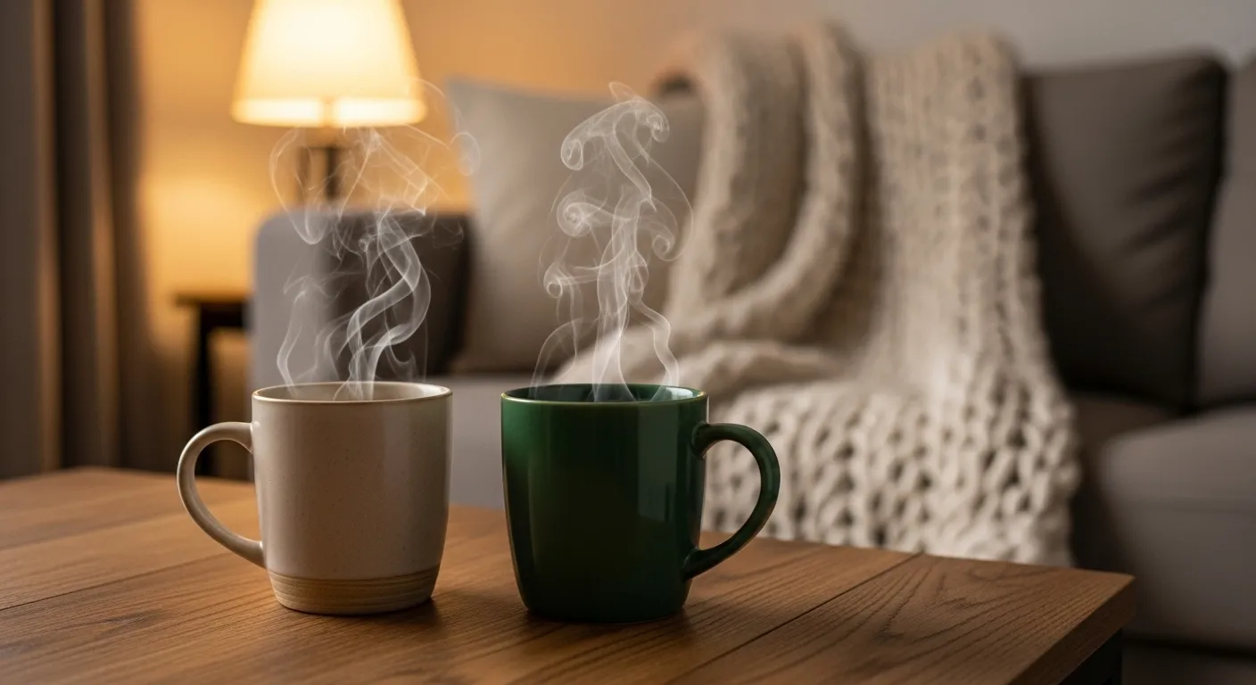 Two mugs on a wooden table in a dimly lit, cozy living room.
