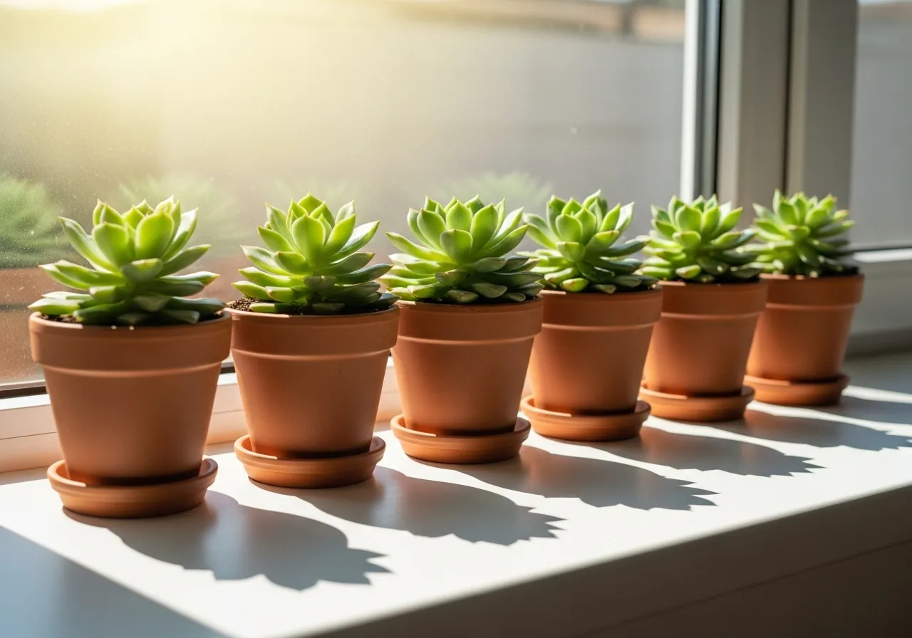 A neat row of healthy potted plants on a sunlit windowsill, symbolizing predictable growth and retirement savings.