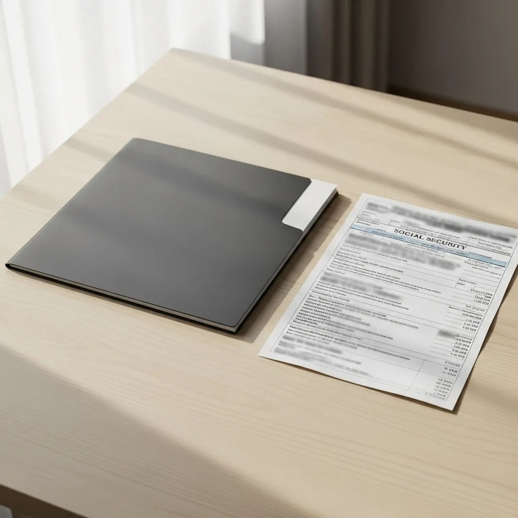 A folder and a blurred official document lie side-by-side on a sunlit wooden table, representing a financial choice.