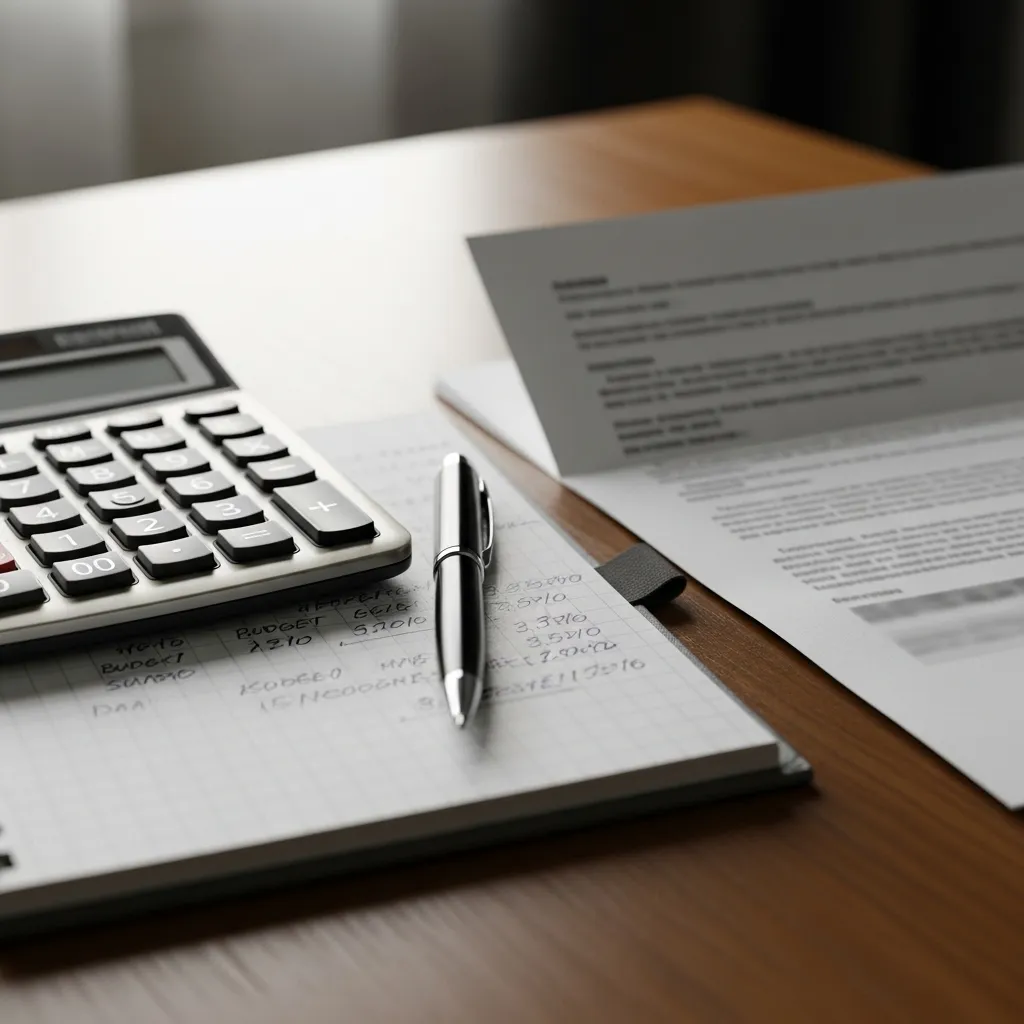 A calculator and pen on a notepad next to a blurred official letter, representing financial planning.