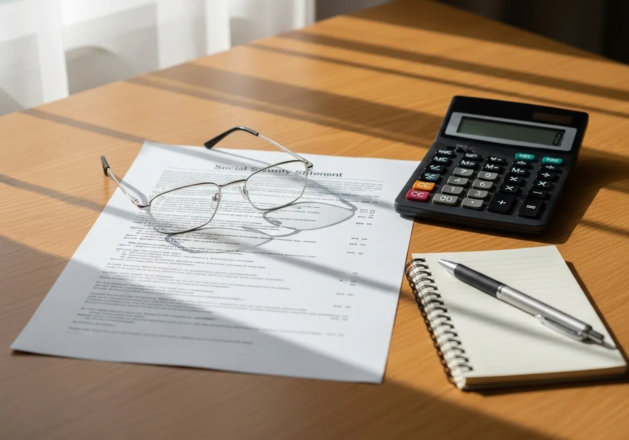 Reading glasses and a calculator rest on a blurred financial statement on a well-lit desk, suggesting a review of personal finances.
