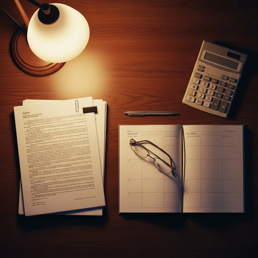 An organized desk at night with a lamp illuminating paperwork, a calculator, and reading glasses, suggesting careful financial planning.