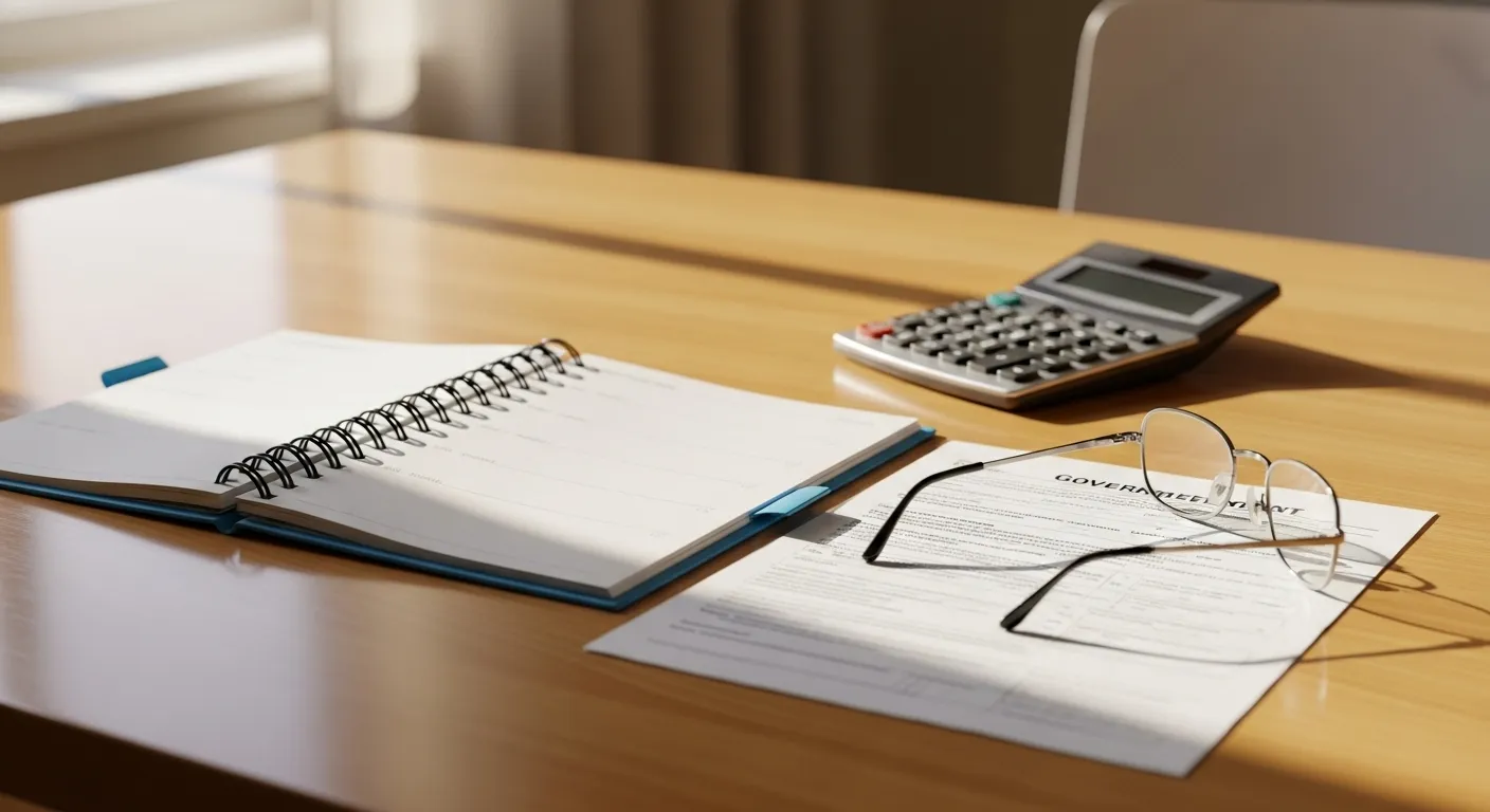 A sunlit home office desk with a planner, calculator, reading glasses, and a generic form, suggesting senior financial organization.