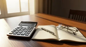 A desk with a calculator, notepad, and reading glasses set up for financial planning in a sunlit room.