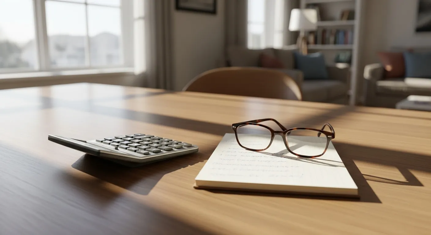 A tidy desk with a calculator, notepad, and reading glasses, suggesting careful financial planning for retirement.
