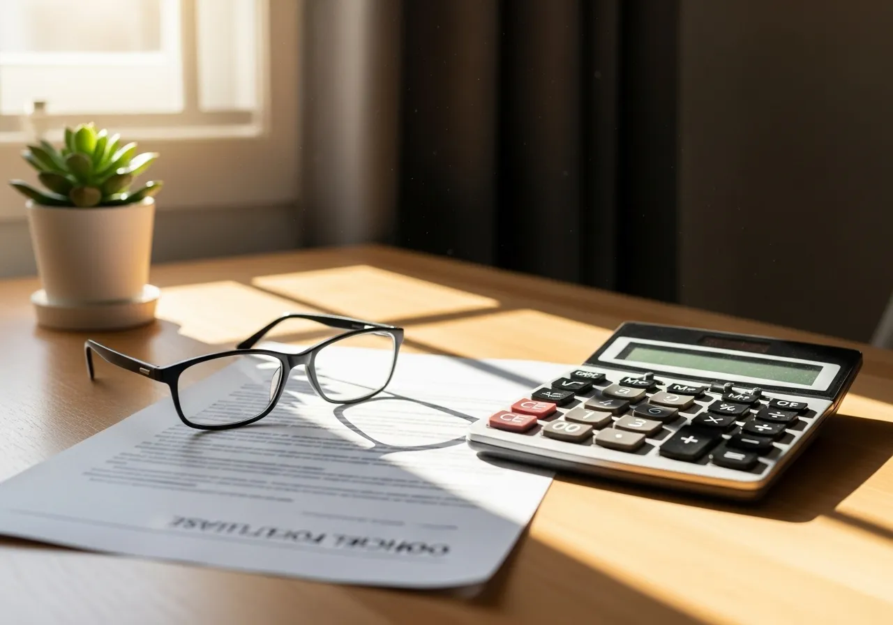 An overhead view of a desk set up for financial planning, with a blurred statement, calculator, and reading glasses.
