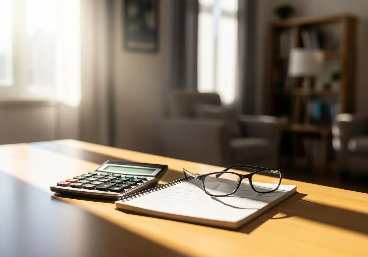 A pair of reading glasses rests on a tidy desk next to a calculator and a notepad in a sunlit room.