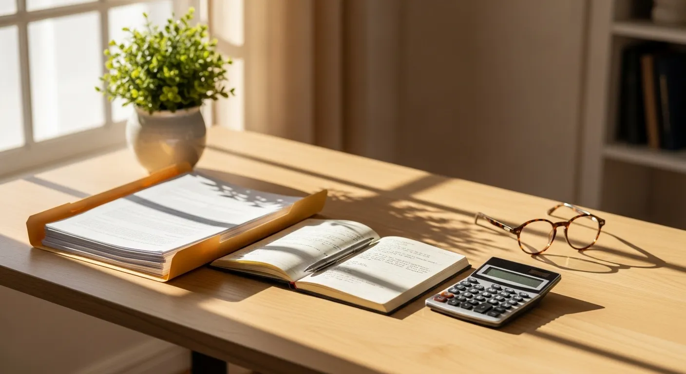 A tidy desk set up for financial planning, with a folder of documents, a calculator, and reading glasses in warm daylight.