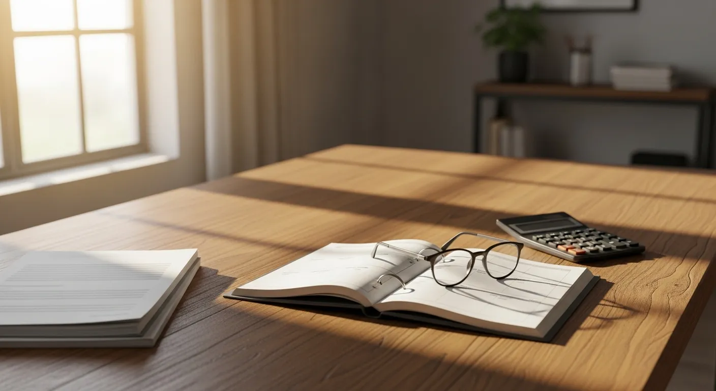 An organized desk with a planner, calculator, and papers, suggesting financial planning for seniors in a calm home setting.