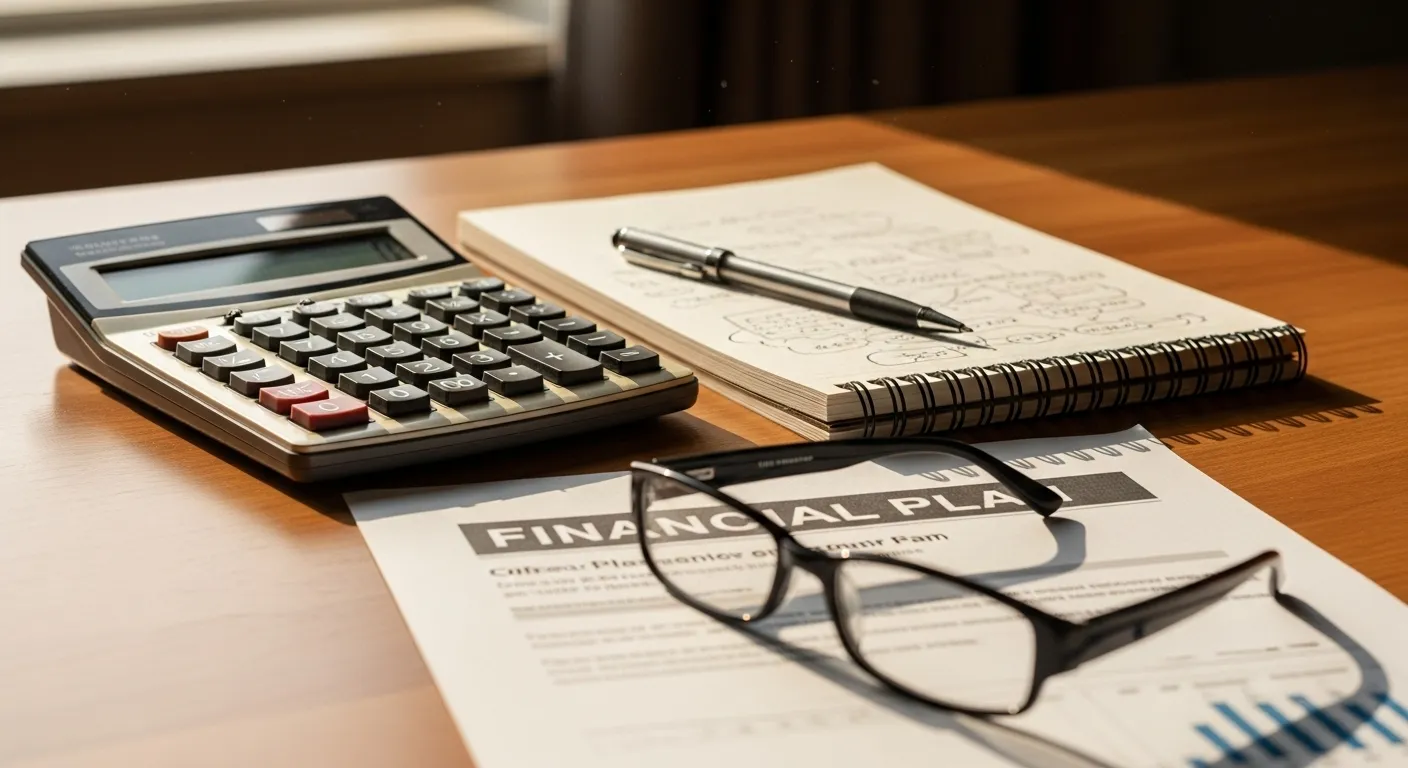 A neat desk set for financial planning, with a calculator, notepad, reading glasses, and a generic official letter in warm sunlight.