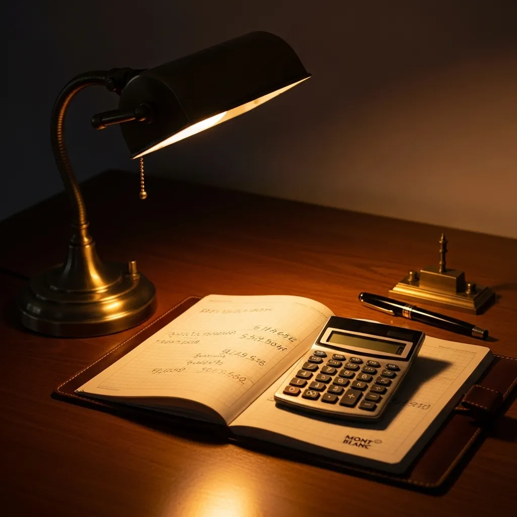 A warmly lit desk at night with a notebook and calculator, symbolizing thoughtful financial planning for retirement.