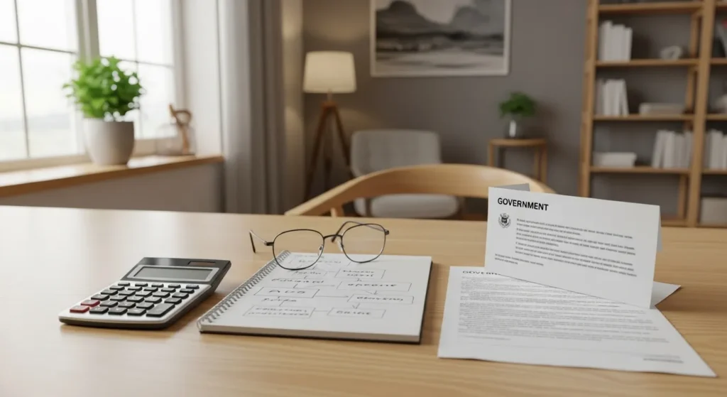 A tidy home office desk with a calculator, notepad, and a generic benefits letter, indicating financial planning for retirement.