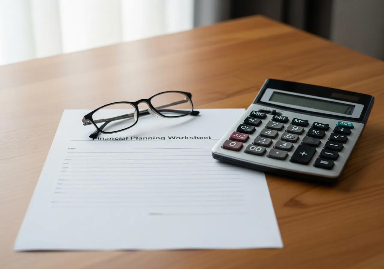 A desk set up for financial planning with a blank form, a calculator, and reading glasses in soft, natural light.