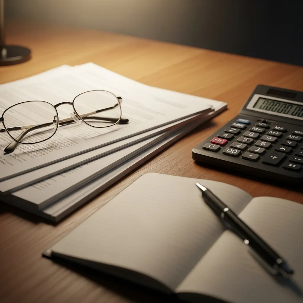 A pair of reading glasses and a calculator sit on a blurred financial document on a desk, representing thoughtful senior financial planning.