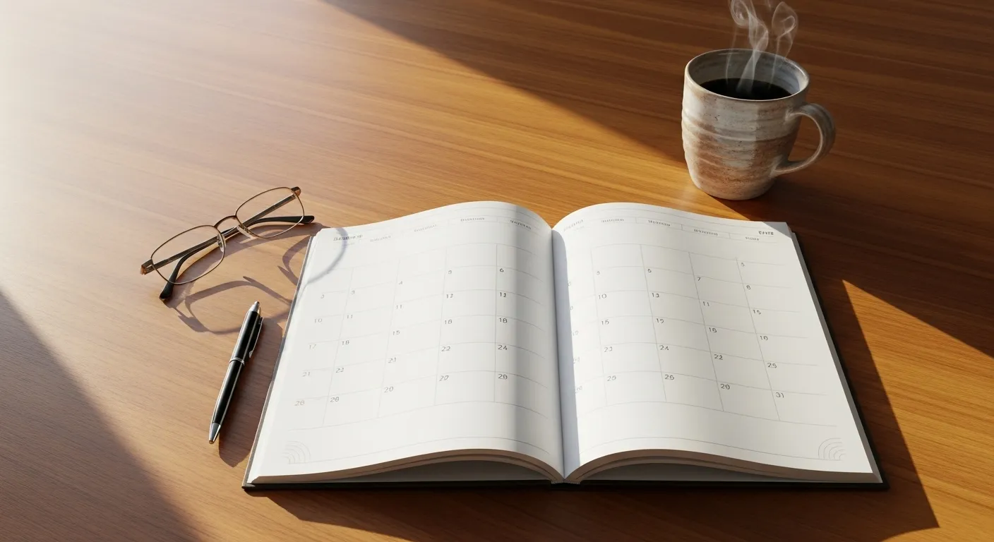 An open, blank planner on a desk next to reading glasses and a mug, seen from above in warm morning light.