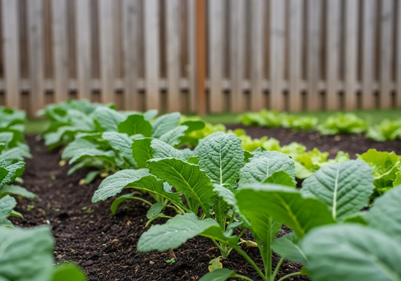 A neat row of green vegetable plants growing in a garden on a cloudy day, representing long-term financial growth.