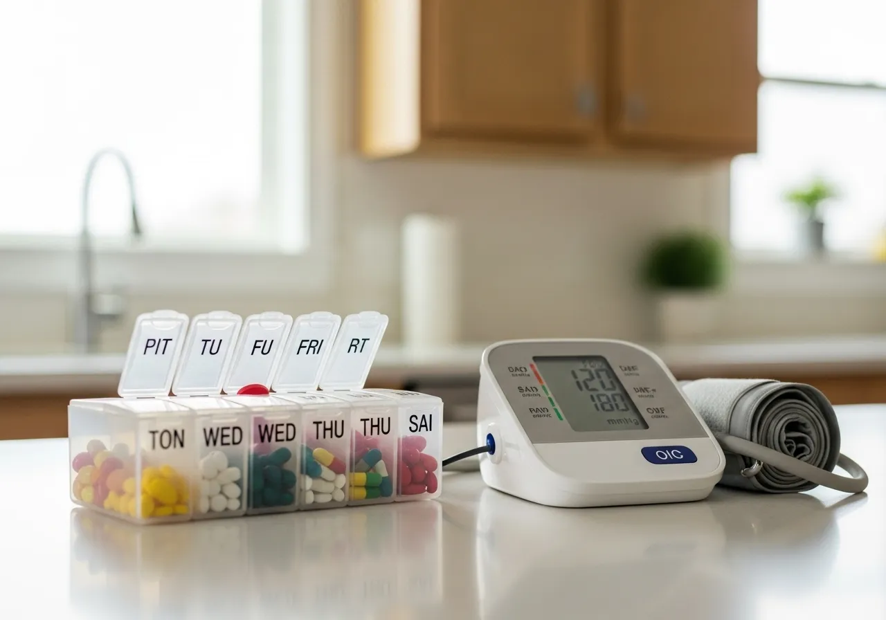 A pill organizer and blood pressure monitor arranged neatly on a countertop, representing health management for seniors.