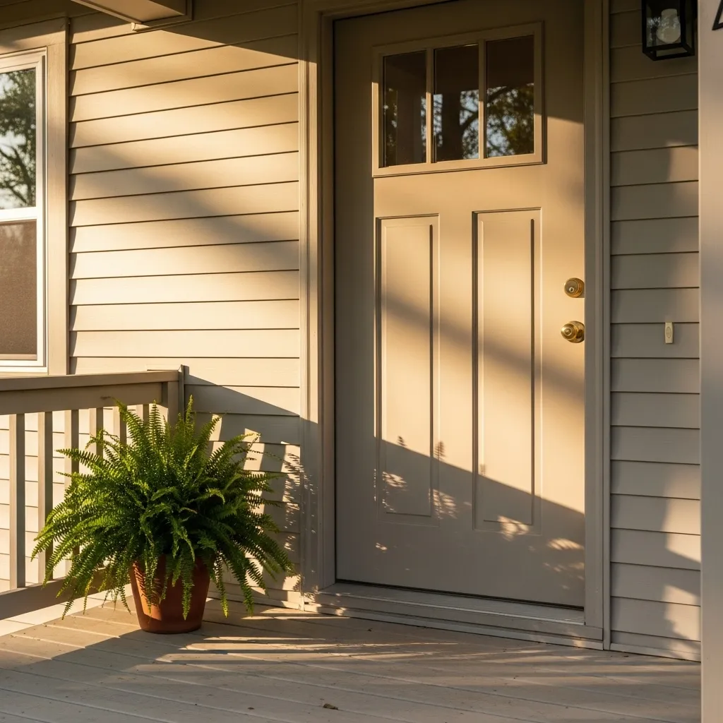 The front door and porch of a house in soft daylight, with a potted plant next to the door, suggesting a welcoming home.