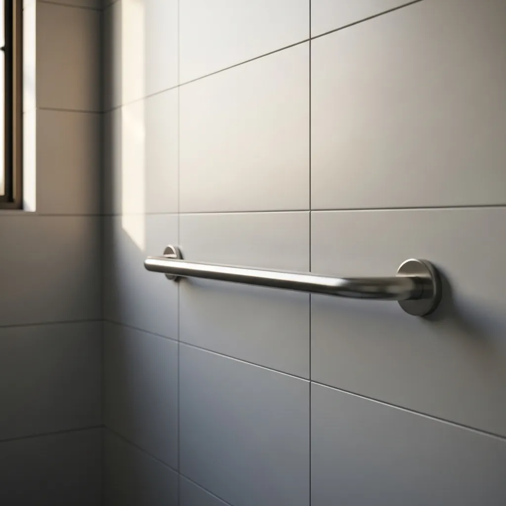 A close-up of a modern, stylish safety grab bar in a brightly lit, contemporary bathroom, symbolizing home modifications for senior independence.