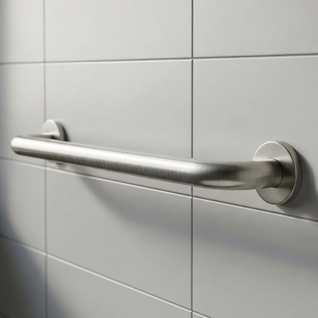A close-up of a stylish metal grab bar securely installed on a light gray tiled wall in a bathroom, suggesting safety and accessibility.