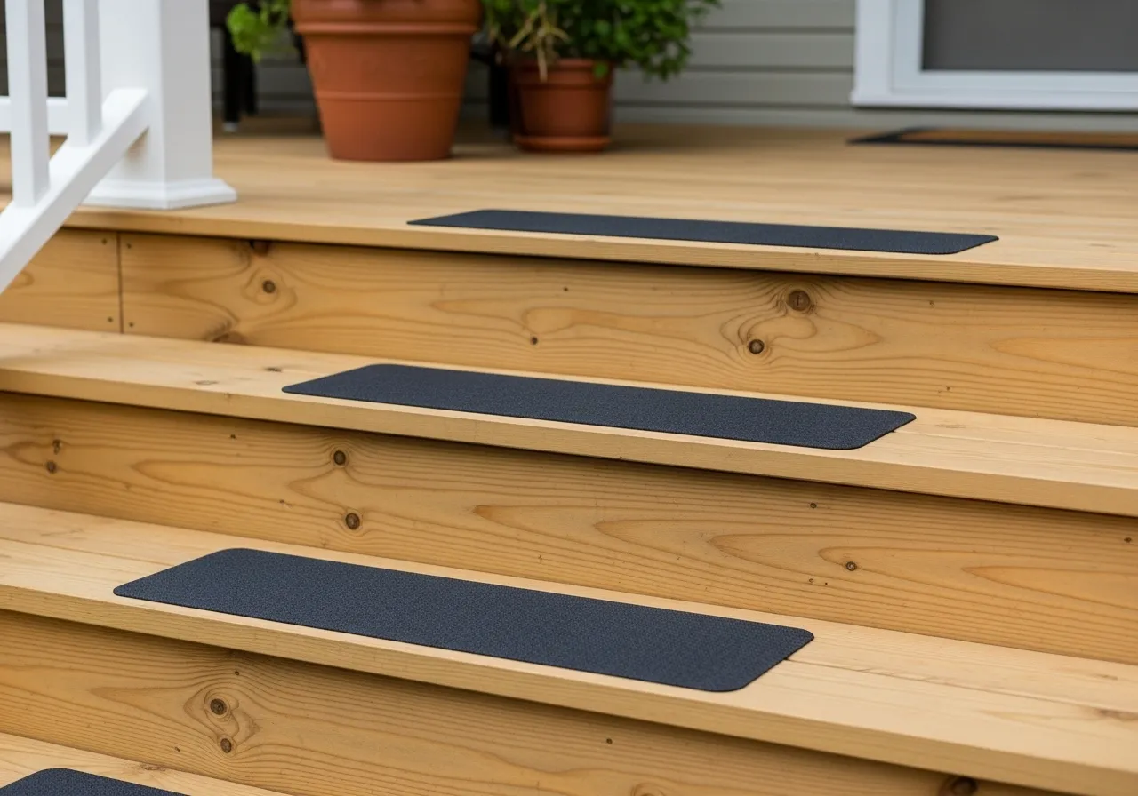 Clean wooden porch steps with newly installed black non-slip safety treads, seen in soft, overcast daylight.