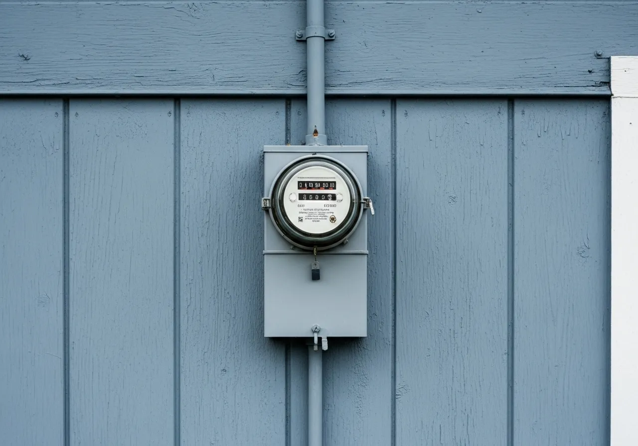 A gray electric meter mounted on the light blue wooden siding of a house on a cloudy day.