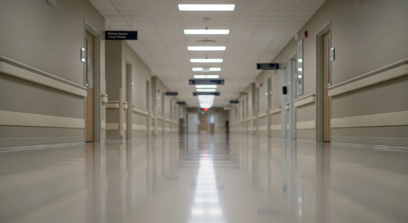 A quiet, empty hospital hallway with blurred signs on the walls, seen from a wide, straight-on perspective.