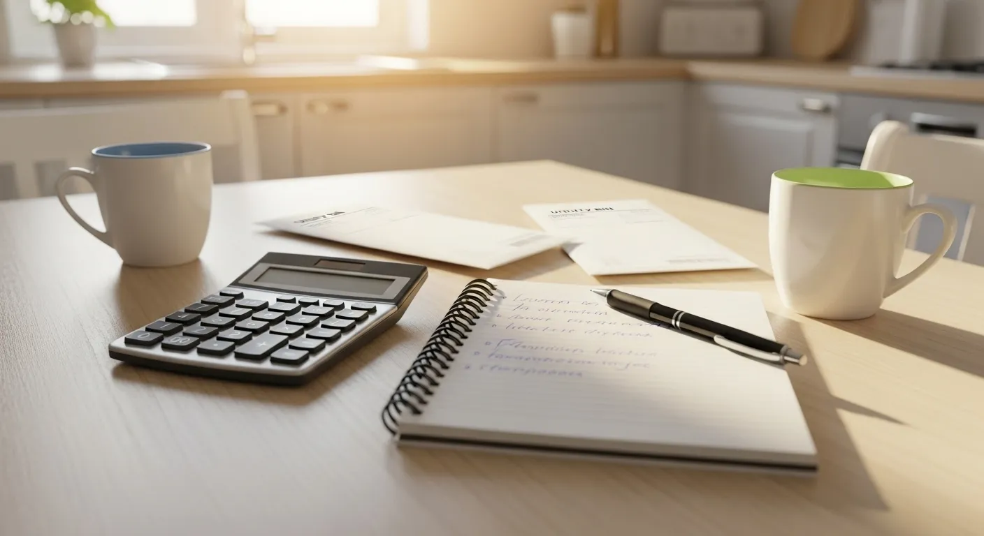 A bright kitchen table with a calculator, notepad, and blurred utility bills, implying shared household budget planning.