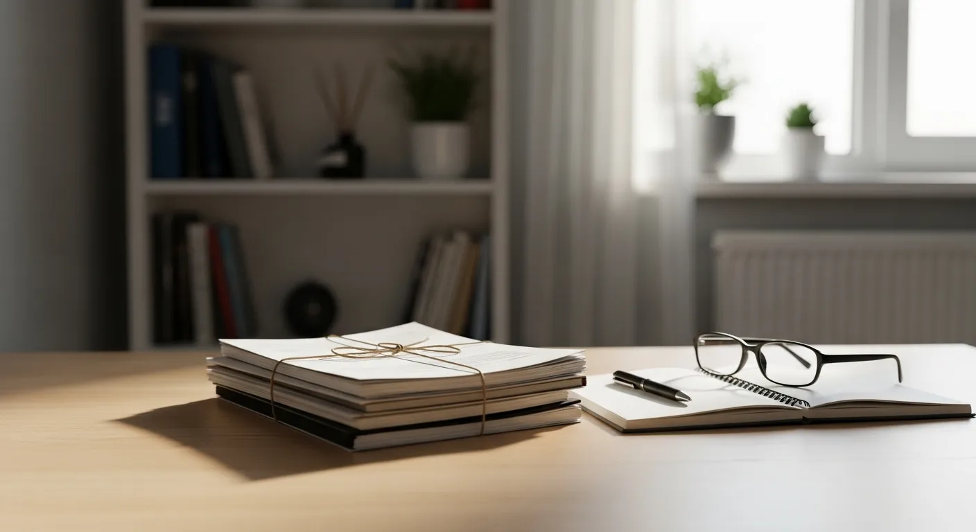 An organized desk in a sunlit room with a neat stack of documents, a blank notebook, and reading glasses, symbolizing the first step of managing an in