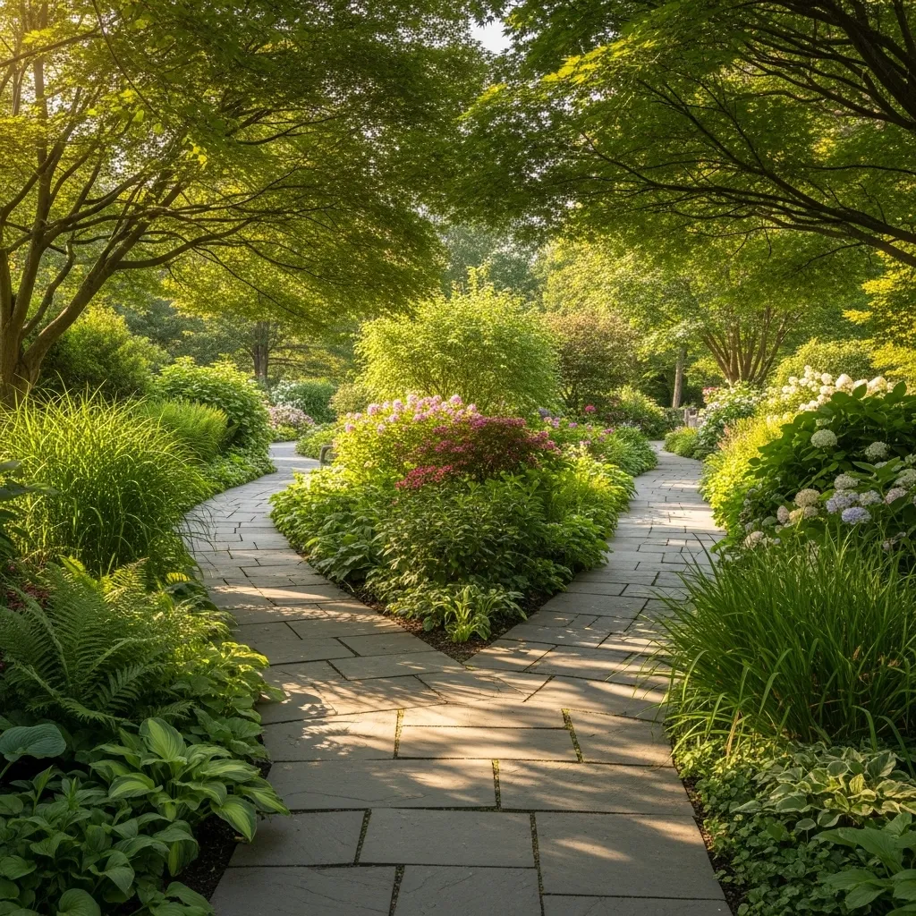 A stone path splits into two separate walkways in a beautiful, sunlit green garden.