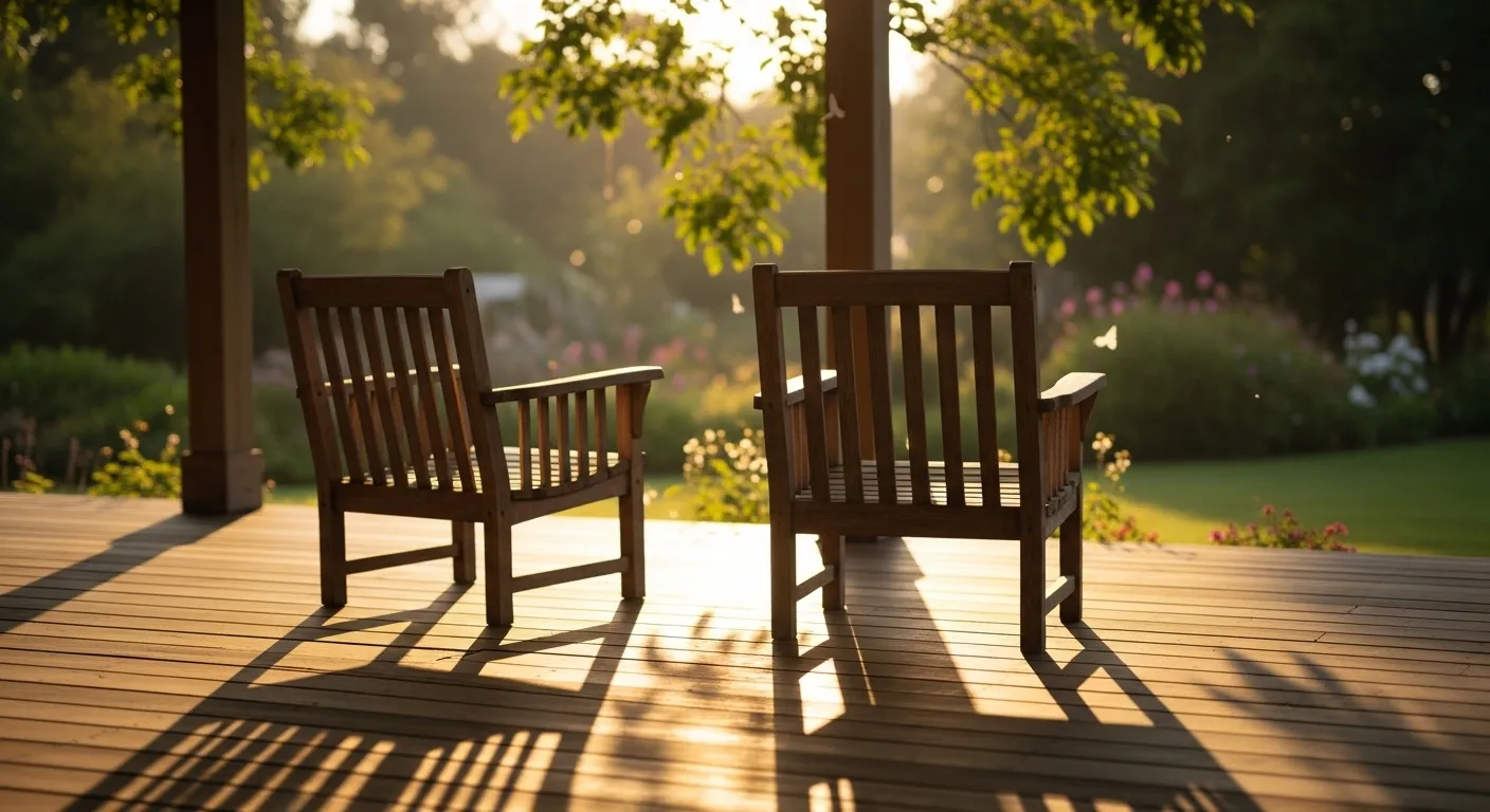 Two empty wooden chairs on a sunny porch during the late afternoon, with a garden in the background.